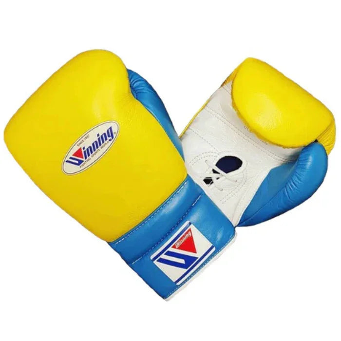 Image of Winning Yellow, Blue & White Lace-Up Boxing Gloves